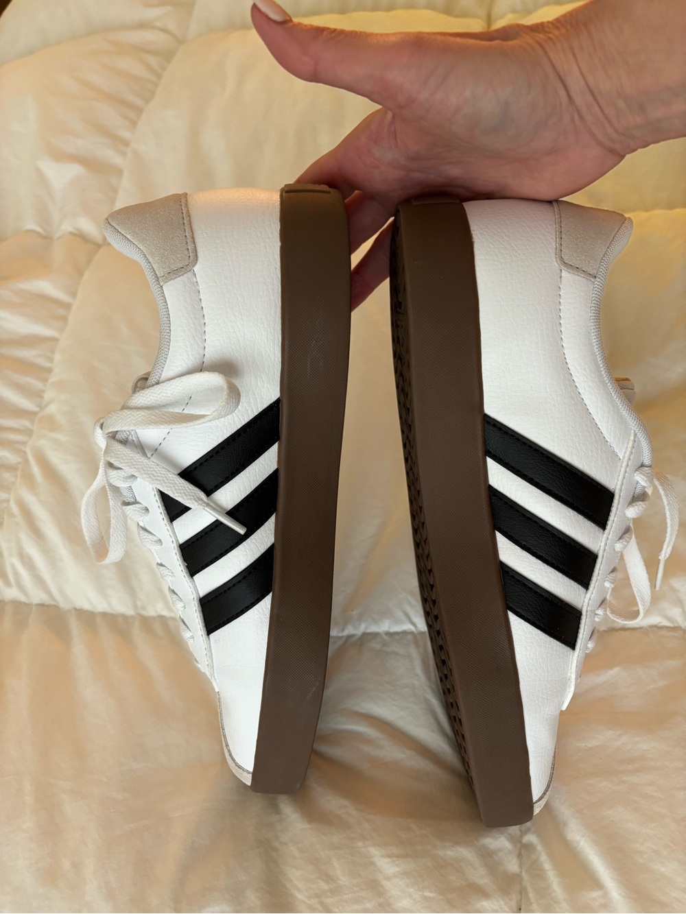 adidas White Sneakers with Black Stripes and Brown Sole - Picture 3 of 8